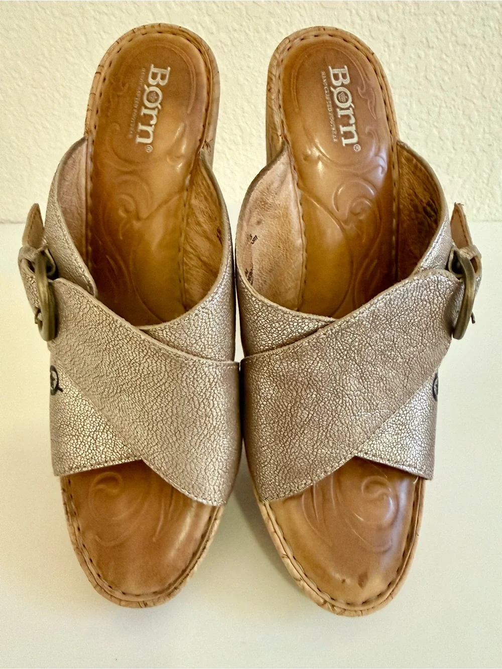 Born | Curstyn Metallic Cork Wedge Sandals | Bronze/Gold Tone Leather | Size 9